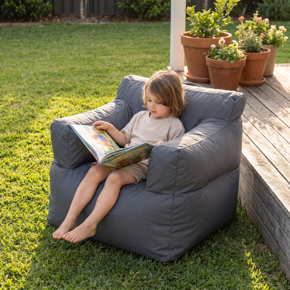 Little Teekie Outdoor Kids Bean Bag Cover | Water-Resistant Olefin, Cover Only – Sage – in use, shows scale