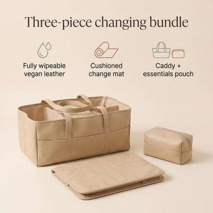 Little Teekie Changing Bundle | Nappy Caddy, Changing Pad & 3-Piece Changing Set – Tan – key features