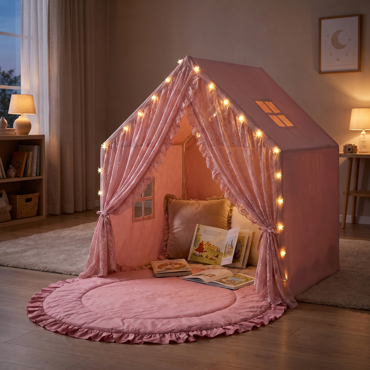 Little Teekie Lace Play Tent & Mat Bundle | Tent with String Lights & Round Ruffle Playmat 125cm – Rose – styled in a bedroom