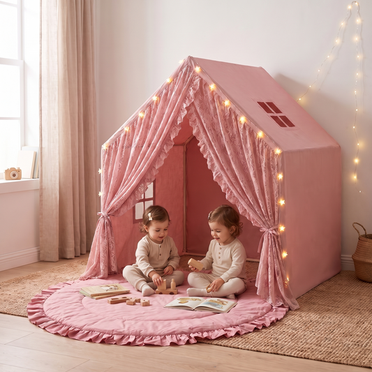 Little Teekie Lace Play Tent & Mat Bundle | Tent with String Lights & Round Ruffle Playmat 125cm – Rose – in use, shows scale