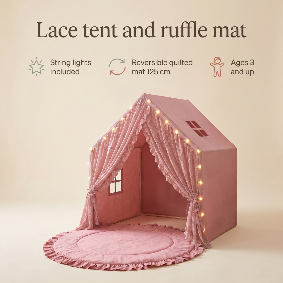 Little Teekie Lace Play Tent & Mat Bundle | Tent with String Lights & Round Ruffle Playmat 125cm – Rose – key features