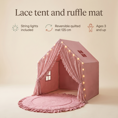 Little Teekie Lace Play Tent & Mat Bundle | Tent with String Lights & Round Ruffle Playmat 125cm – Rose – key features