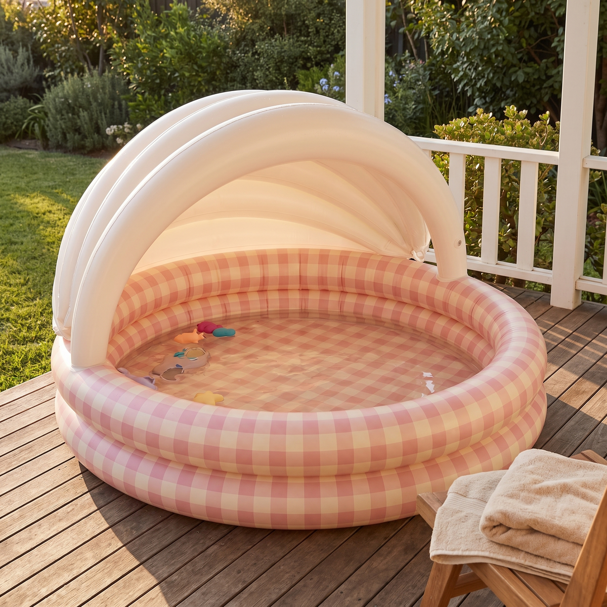 Little Teekie Kids Inflatable Pool | Printed, Phthalate-Free PVC – Gingham – styled in a backyard