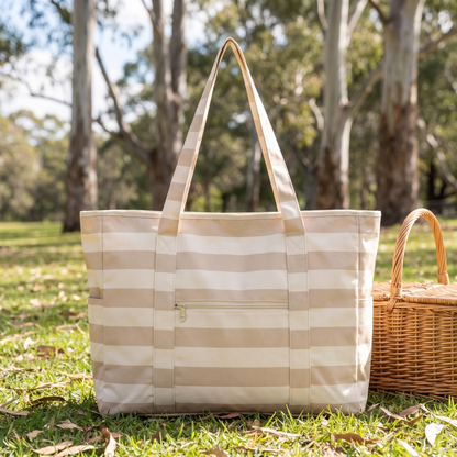 Little Teekie Woven Beach Bag | Recycled Tote, Pairs with Picnic Rugs – Natural Stripe – lifestyle hero