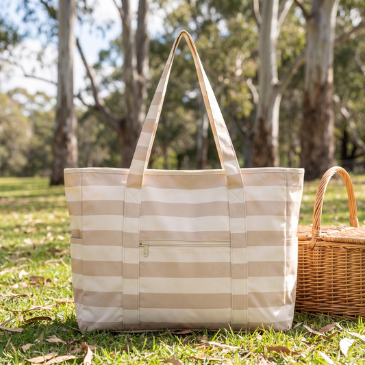 Little Teekie Woven Beach Bag | Recycled Tote, Pairs with Picnic Rugs – Natural Stripe – lifestyle hero