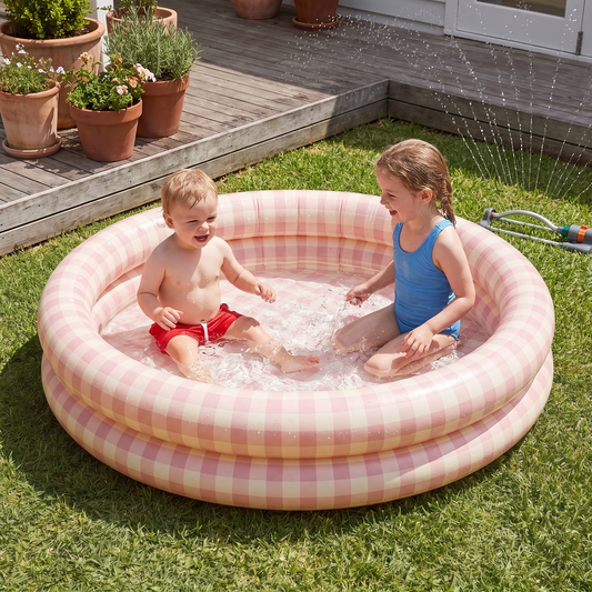 Little Teekie Kids Inflatable Pool | Printed, Phthalate-Free PVC – Gingham – in use, shows scale