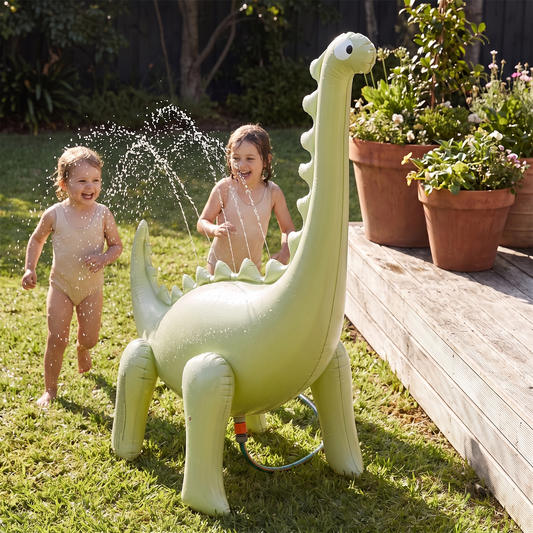 Little Teekie Giant Inflatable Dinosaur Sprinkler | Phthalate-Free PVC with Hose Adaptor – Dino Green – in use, shows scale