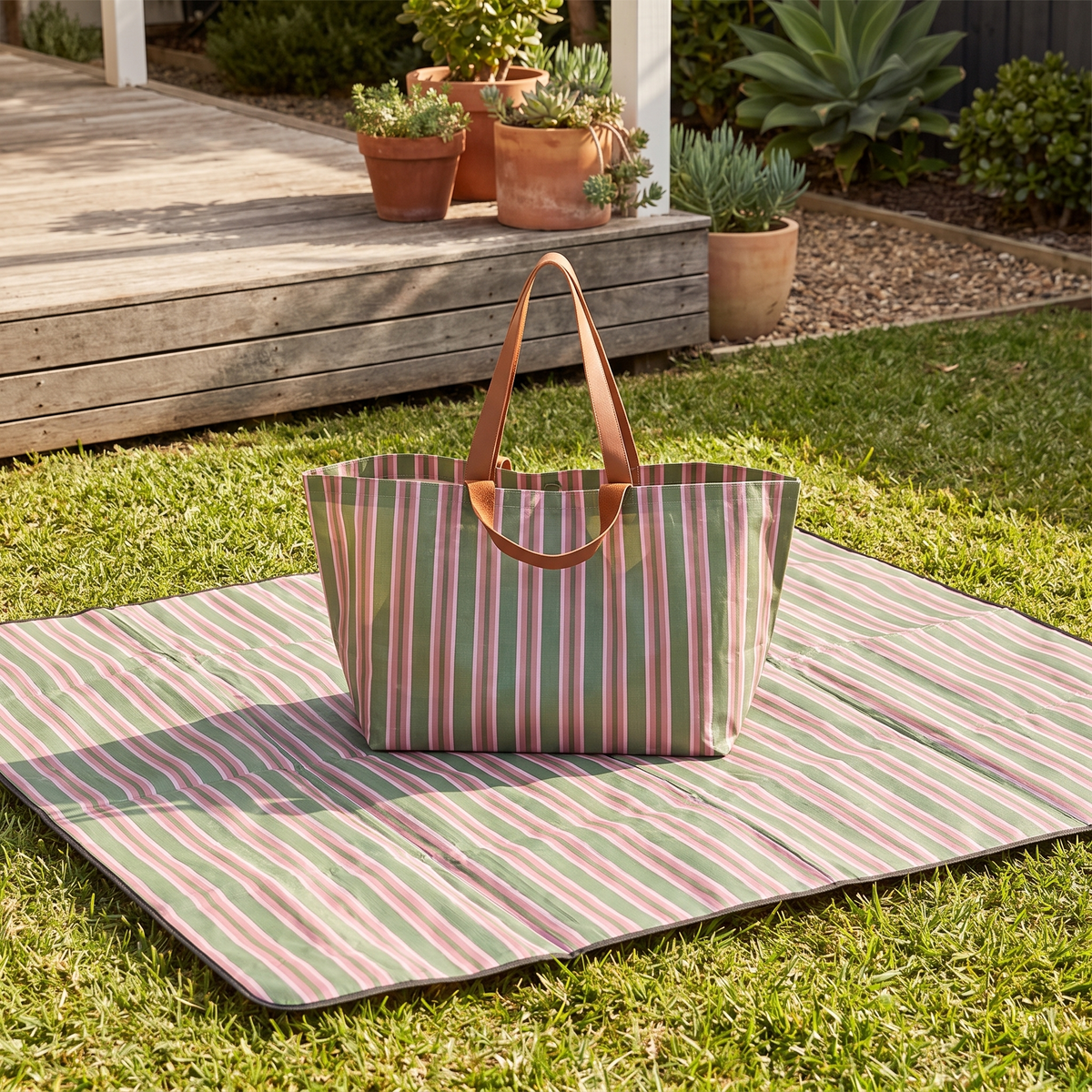Little Teekie Picnic Set Bundle | Waterproof Roll-Up Picnic Rug 2x2m & Woven Beach Bag – Olive Check – lifestyle hero