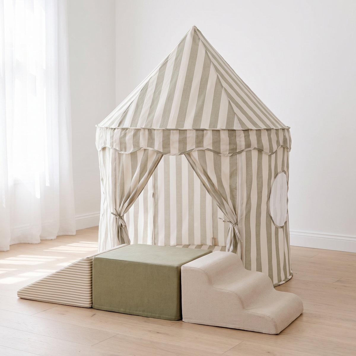Little Teekie Pop-Up Tent & Lounger Bundle | Cotton Play Tent & Mini Bean Bag Lounger Cover – Sage – lifestyle hero