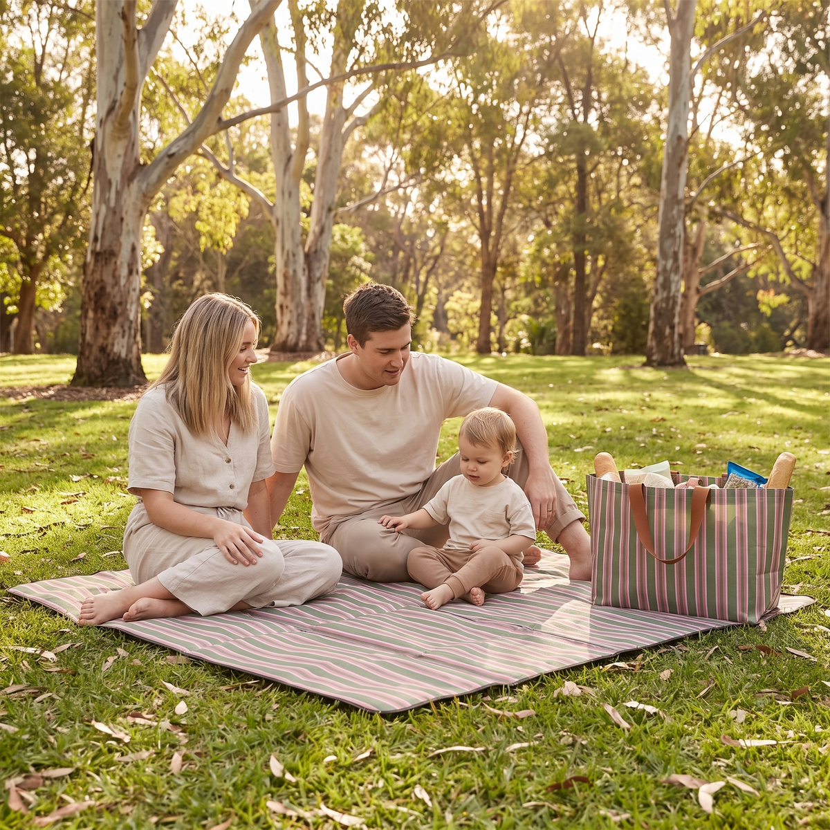 Little Teekie Picnic Set Bundle | Waterproof Roll-Up Picnic Rug 2x2m & Woven Beach Bag – Olive Check – in use, shows scale