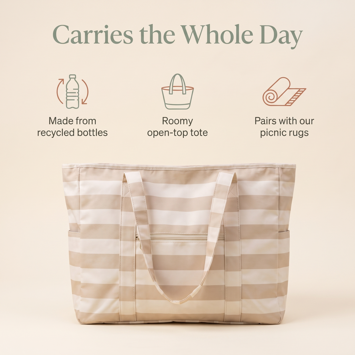 Little Teekie Woven Beach Bag | Recycled Tote, Pairs with Picnic Rugs – Natural Stripe – key features