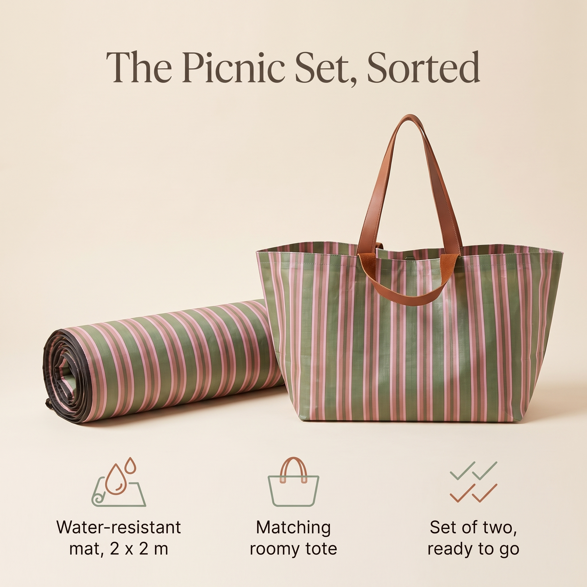 Little Teekie Picnic Set Bundle | Waterproof Roll-Up Picnic Rug 2x2m & Woven Beach Bag – Olive Check – key features