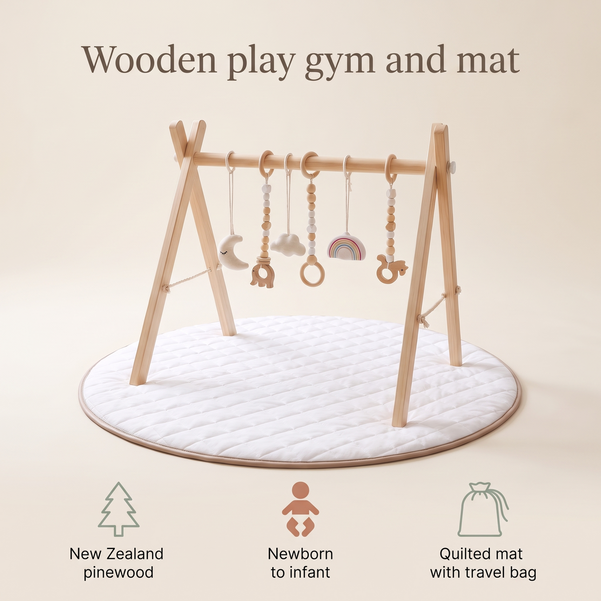 Little Teekie Wooden Play Gym & Mat Bundle | Pinewood Activity Frame & Round Quilted Mat – Natural – key features