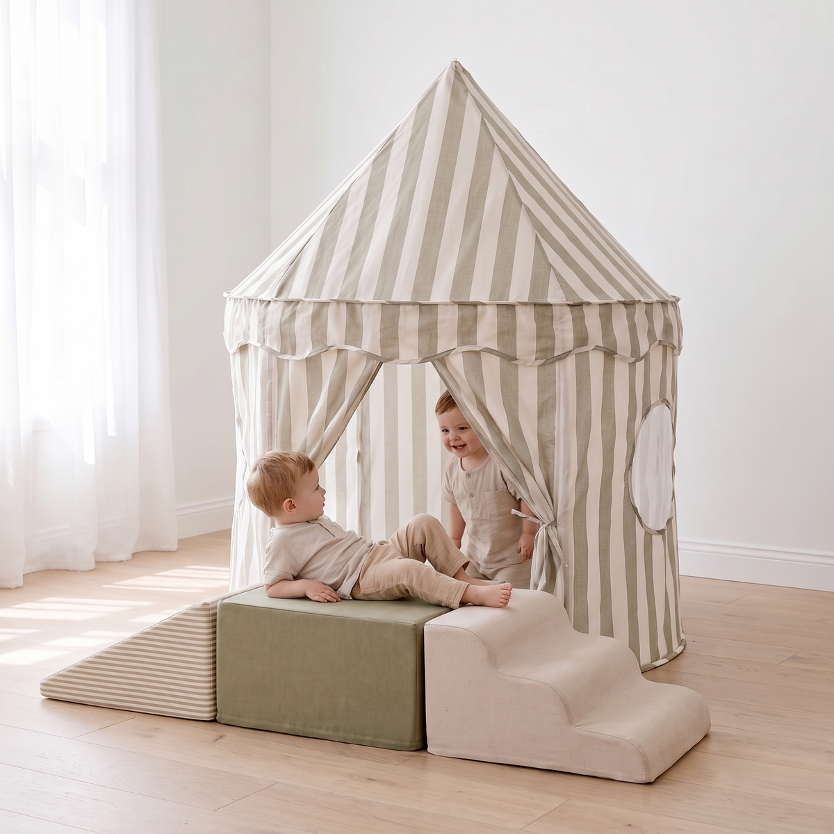 Little Teekie Pop-Up Tent & Lounger Bundle | Cotton Play Tent & Mini Bean Bag Lounger Cover – Sage – in use, shows scale