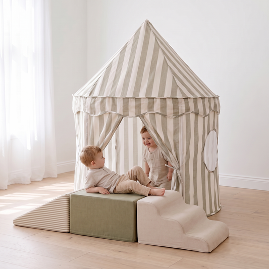 Little Teekie Pop-Up Tent & Lounger Bundle | Cotton Play Tent & Mini Bean Bag Lounger Cover – Sage – in use, shows scale