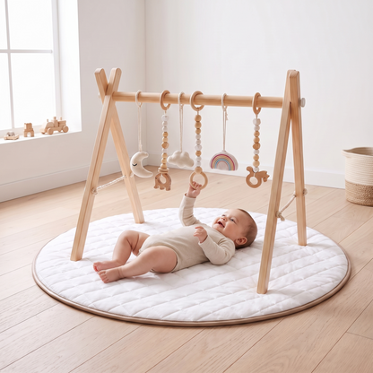 Little Teekie Wooden Play Gym & Mat Bundle | Pinewood Activity Frame & Round Quilted Mat – Natural – in use, shows scale