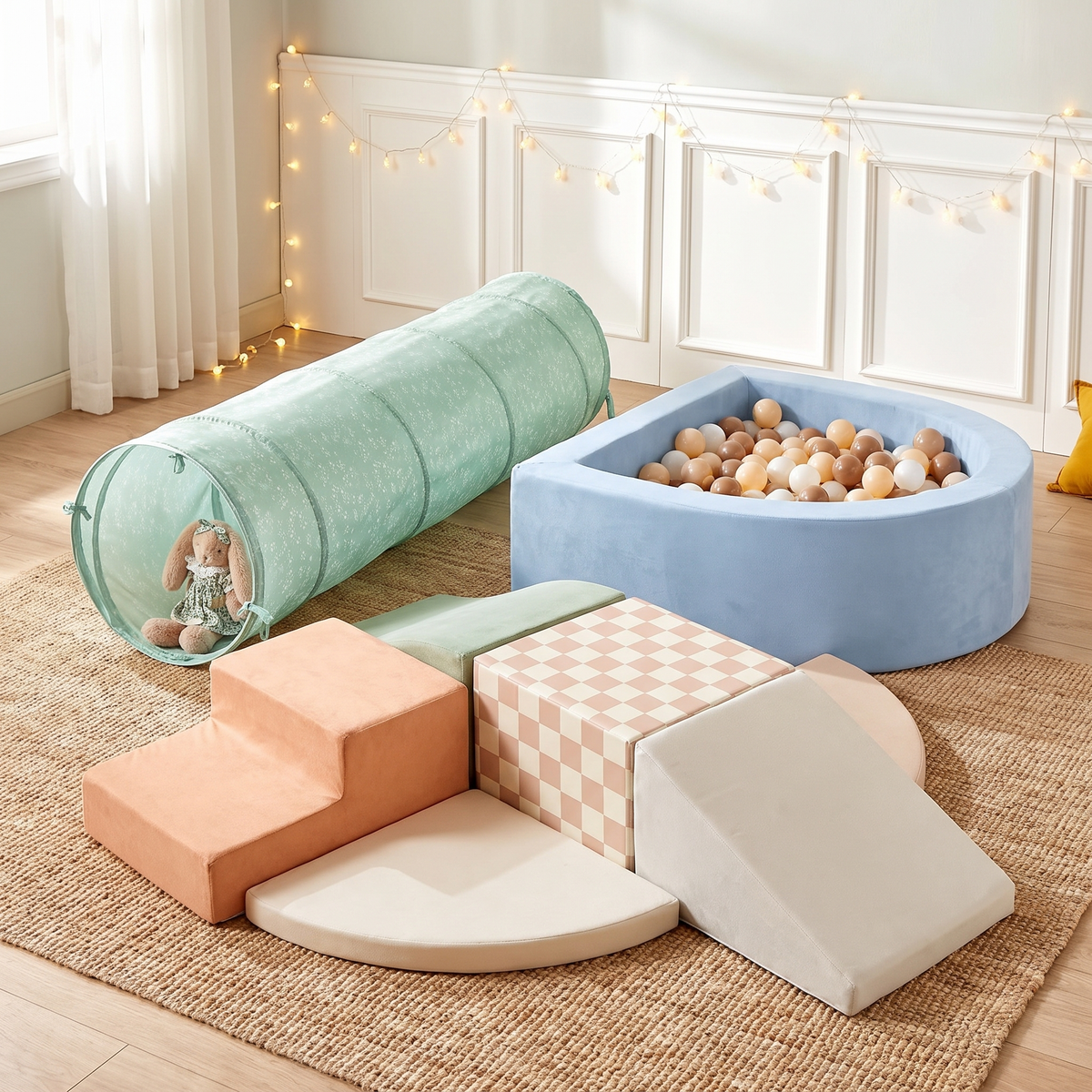 Little Teekie Play Tunnel & Ball Pit Bundle | OEKO-TEX Cotton Tunnel & Soft Foam Ball Pit – Oat – lifestyle hero
