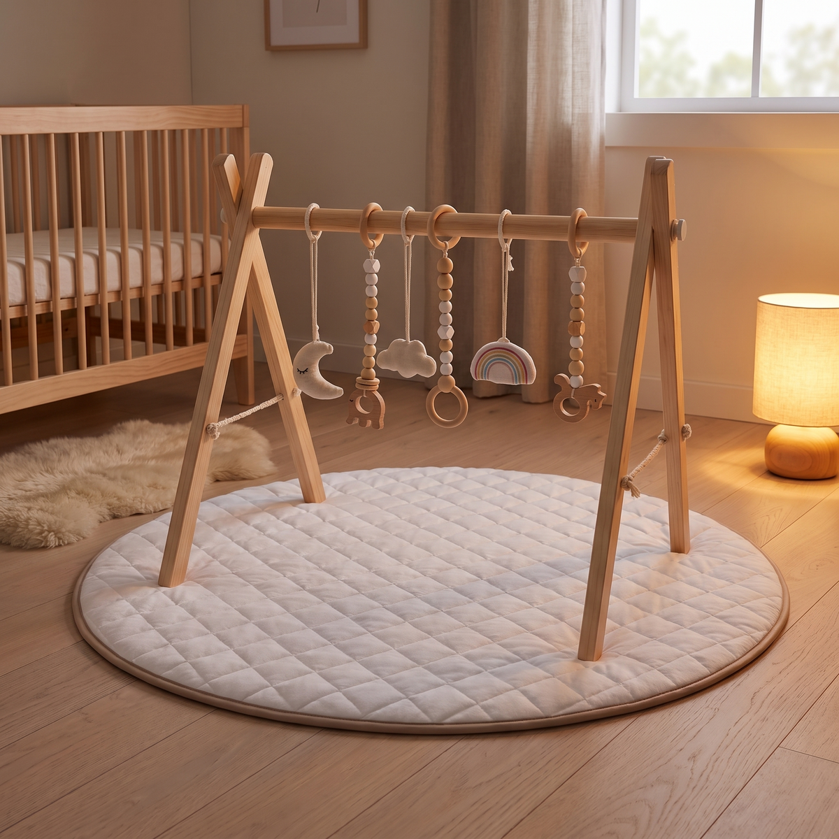 Little Teekie Wooden Play Gym & Mat Bundle | Pinewood Activity Frame & Round Quilted Mat – Natural – styled in a nursery