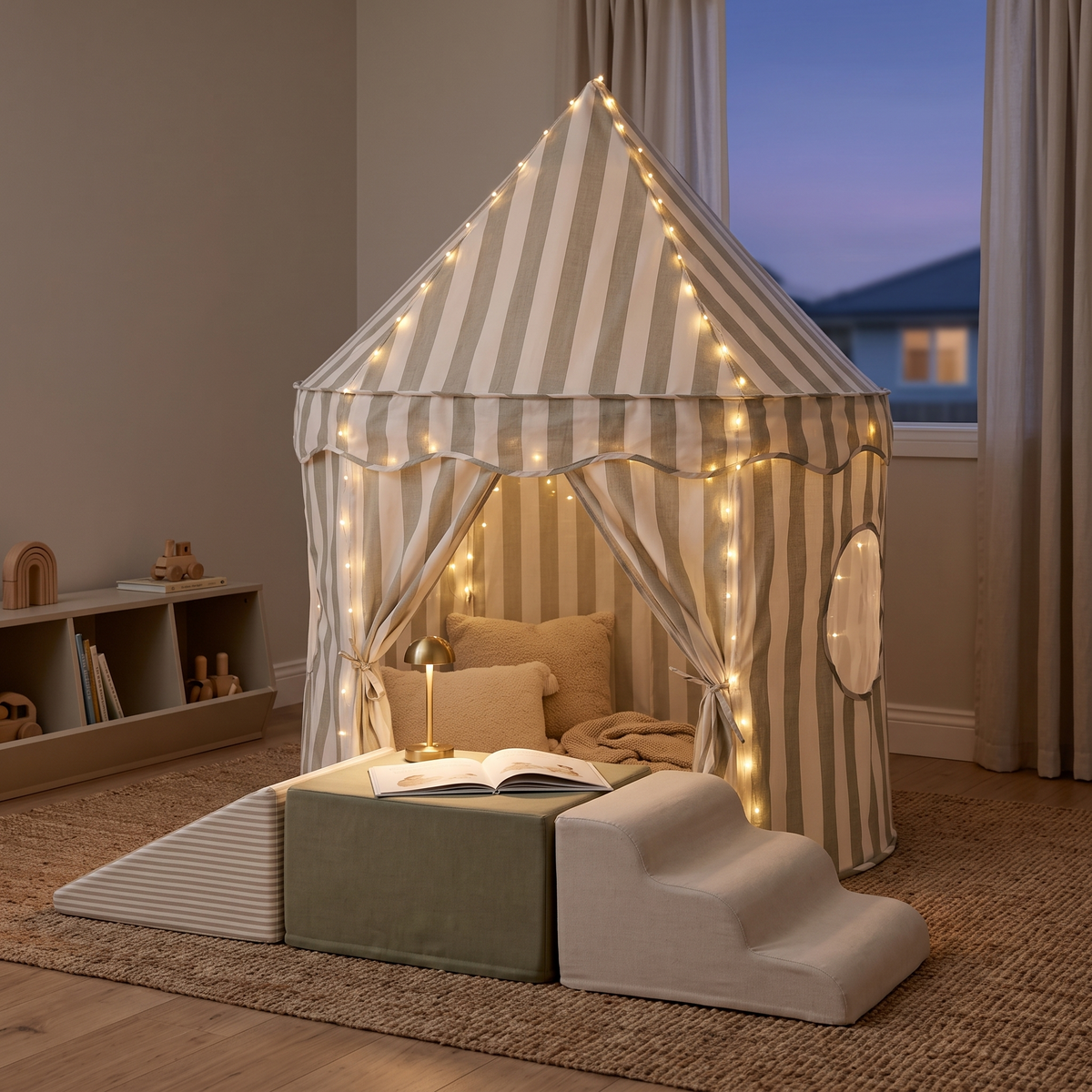 Little Teekie Pop-Up Tent & Lounger Bundle | Cotton Play Tent & Mini Bean Bag Lounger Cover – Sage – styled in a bedroom