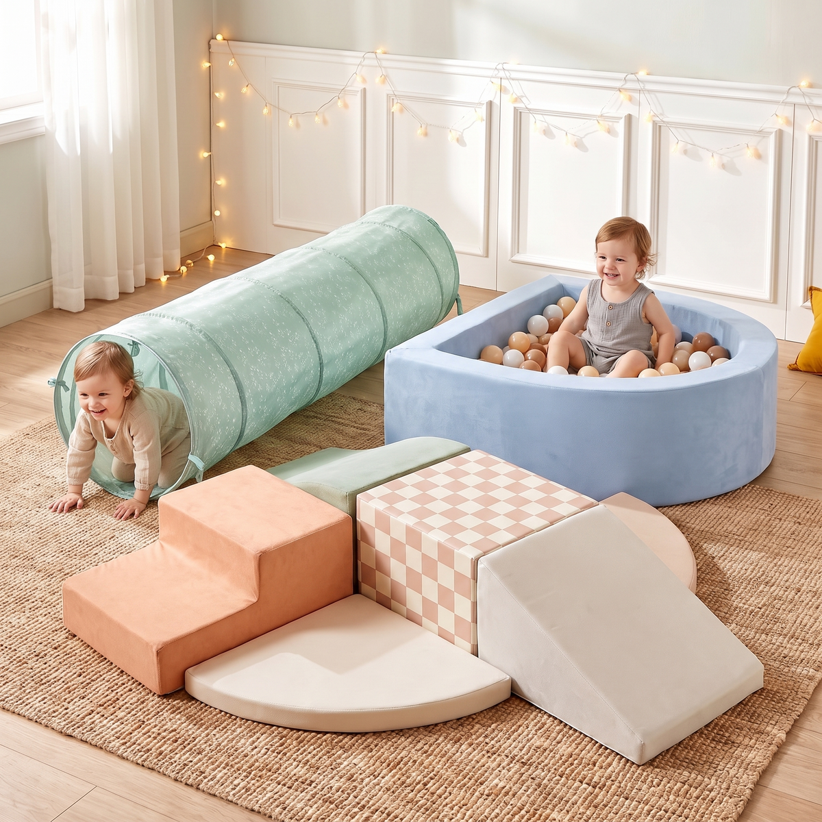 Little Teekie Play Tunnel & Ball Pit Bundle | OEKO-TEX Cotton Tunnel & Soft Foam Ball Pit – Oat – in use, shows scale