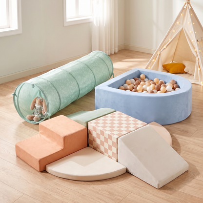 Little Teekie Play Tunnel & Ball Pit Bundle | OEKO-TEX Cotton Tunnel & Soft Foam Ball Pit – Oat – styled in a playroom
