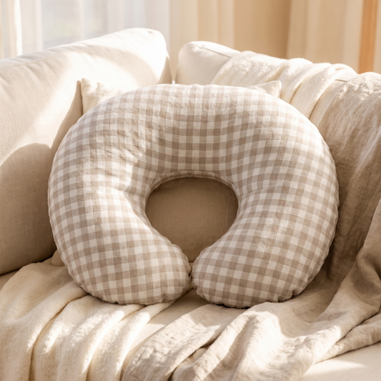 Little Teekie Linen Nursing Pillow | U-Shape with Removable Cover & Carry Bag – Oat Gingham – lifestyle hero