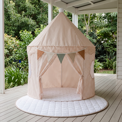 Little Teekie Pop-Up Tent Bundle | Cotton Play Tent, Round Quilted Play Mat & Bunting – Peach Gingham – lifestyle hero