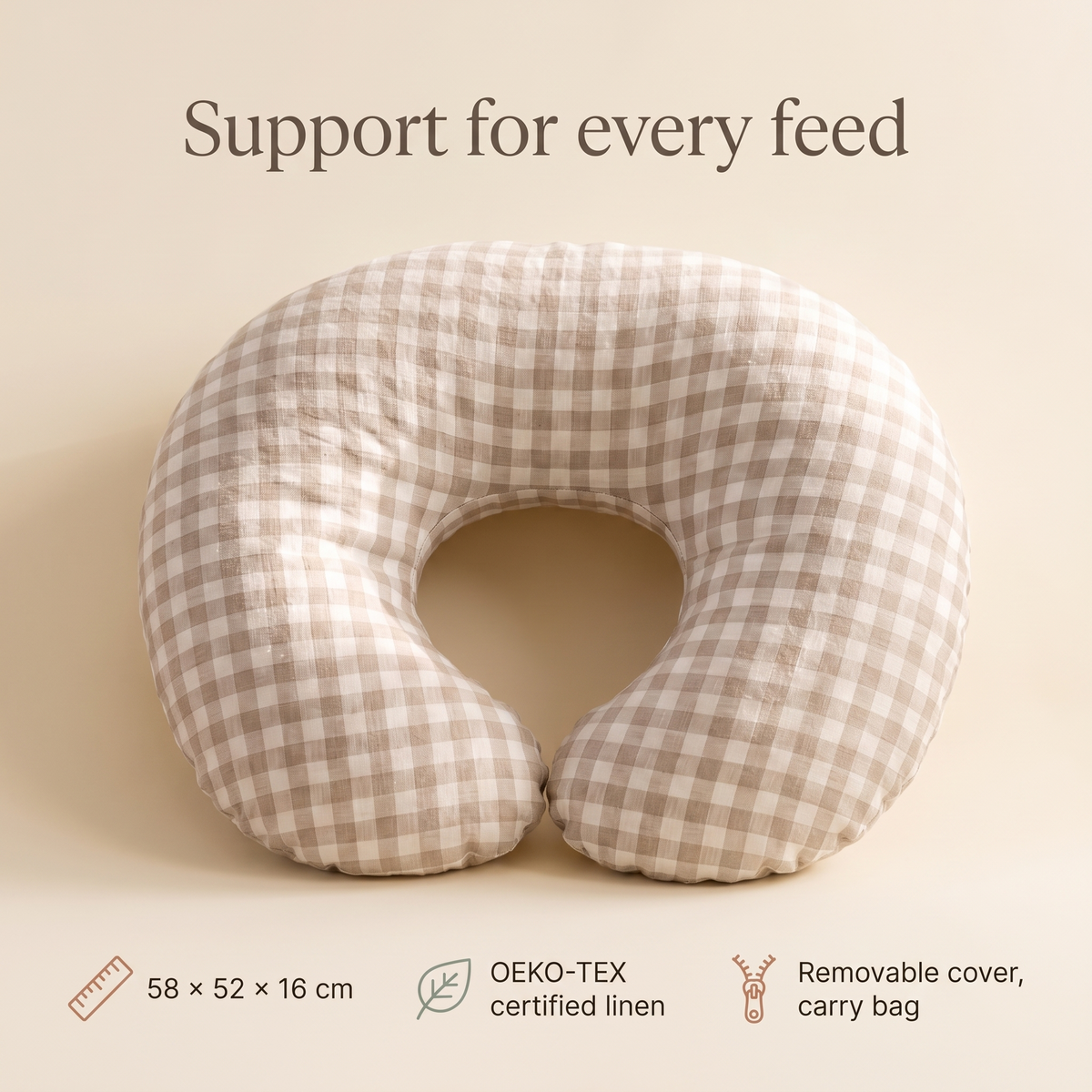 Little Teekie Linen Nursing Pillow | U-Shape with Removable Cover & Carry Bag – Oat Gingham – key features