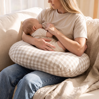 Little Teekie Linen Nursing Pillow | U-Shape with Removable Cover & Carry Bag – Oat Gingham – in use, shows scale