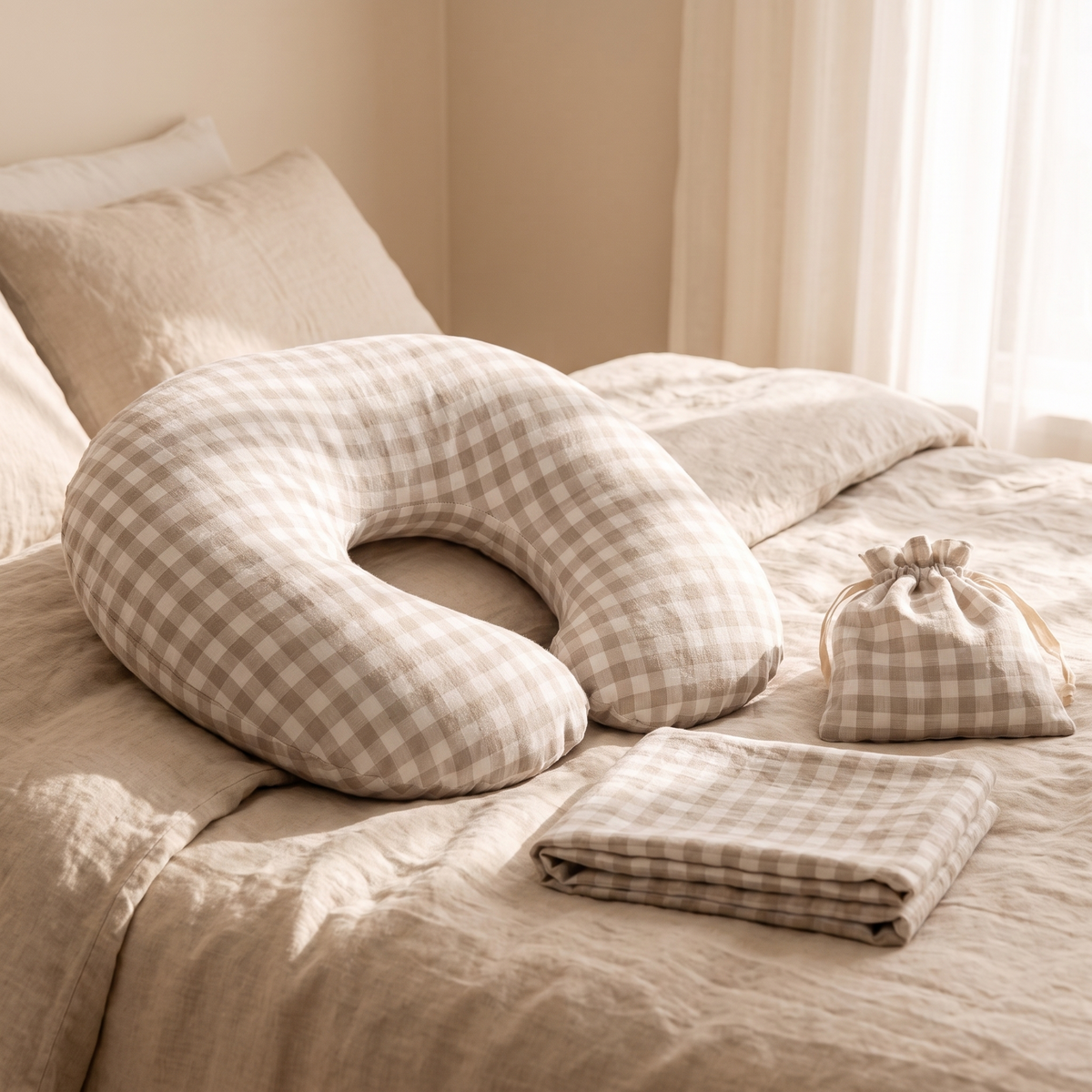 Little Teekie Linen Nursing Pillow | U-Shape with Removable Cover & Carry Bag – Oat Gingham – styled in a nursery
