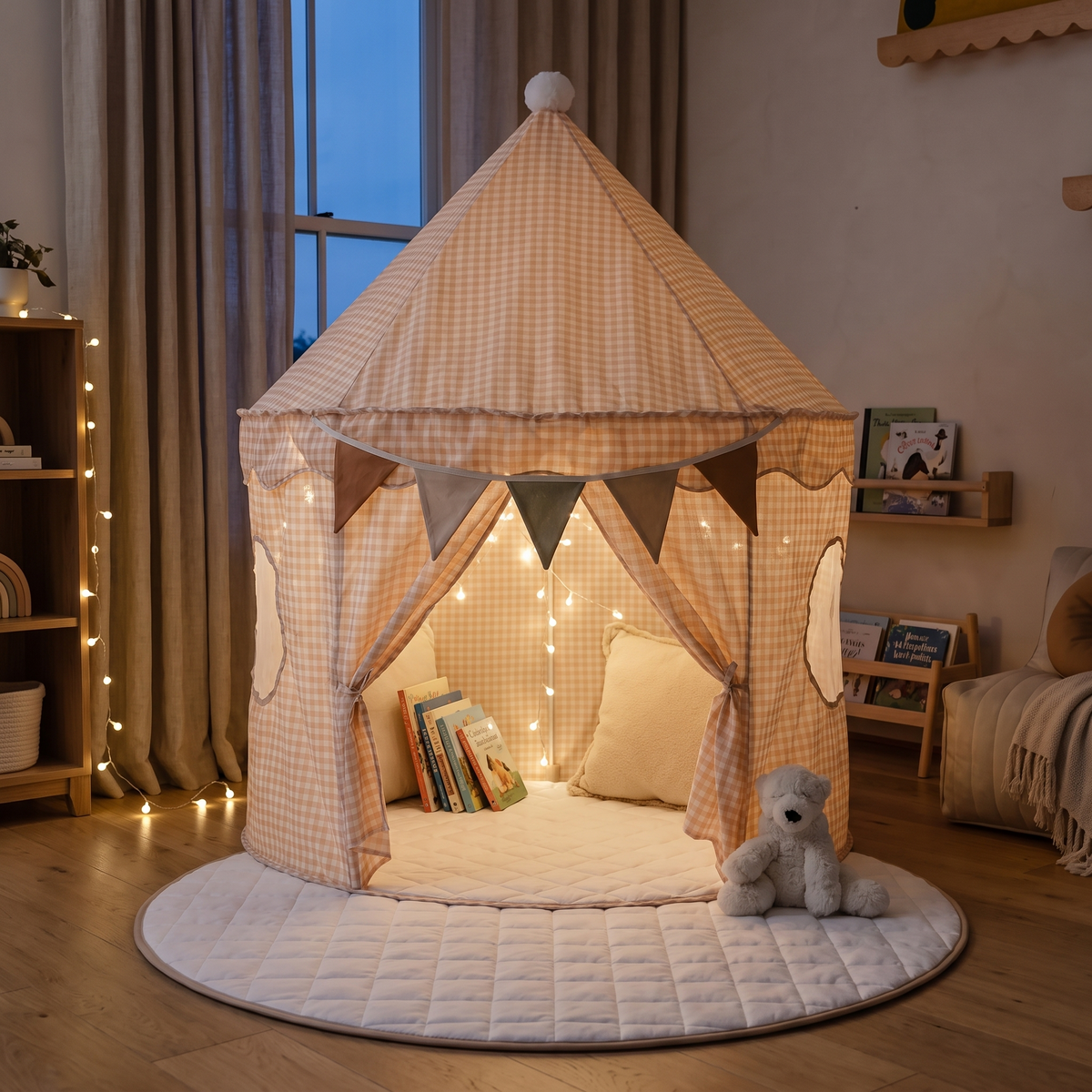 Little Teekie Pop-Up Tent Bundle | Cotton Play Tent, Round Quilted Play Mat & Bunting – Peach Gingham – styled in a playroom