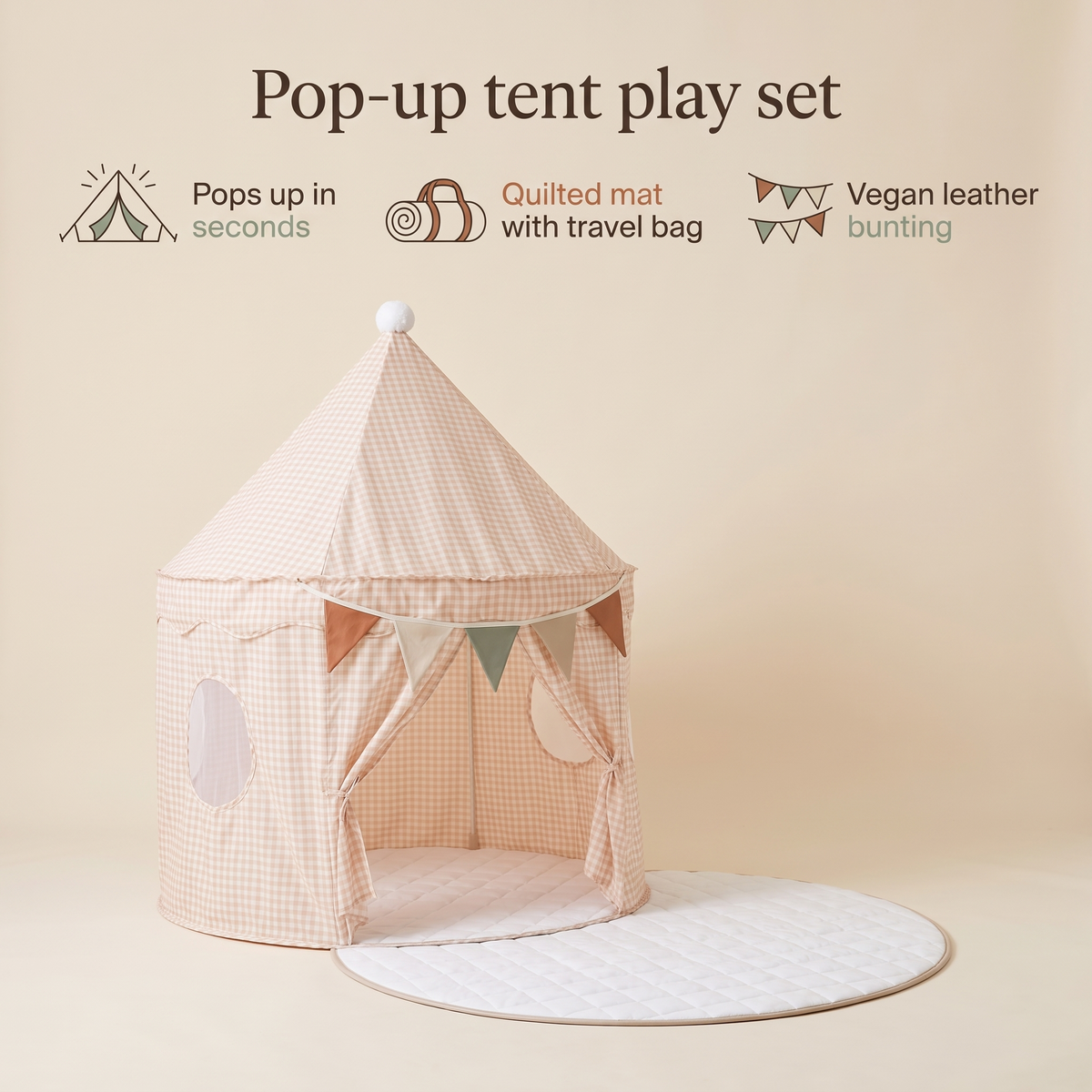 Little Teekie Pop-Up Tent Bundle | Cotton Play Tent, Round Quilted Play Mat & Bunting – Peach Gingham – key features