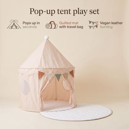 Little Teekie Pop-Up Tent Bundle | Cotton Play Tent, Round Quilted Play Mat & Bunting – Peach Gingham – key features