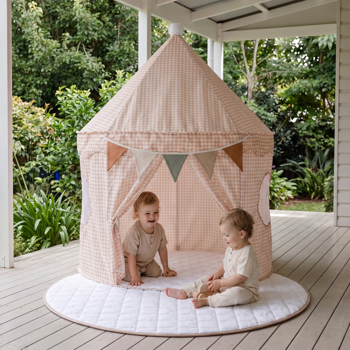 Little Teekie Pop-Up Tent Bundle | Cotton Play Tent, Round Quilted Play Mat & Bunting – Peach Gingham – in use, shows scale