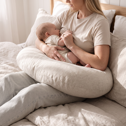 Little Teekie Linen Nursing Pillow | U-Shape with Removable Cover & Carry Bag – Natural Oat – in use, shows scale