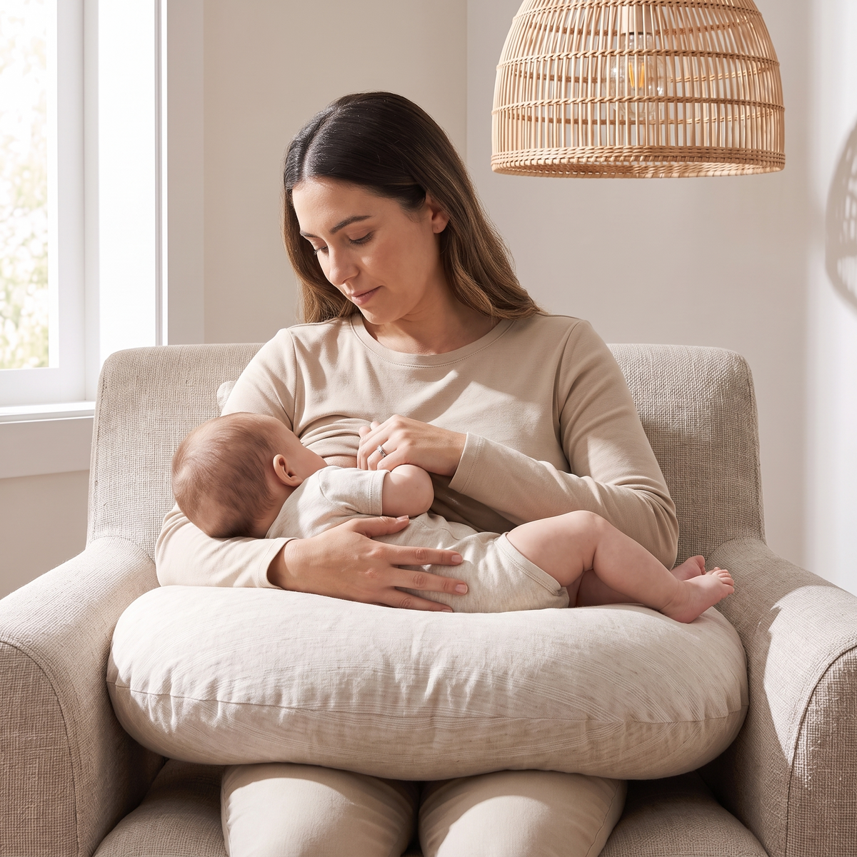 Little Teekie Linen Nursing Pillow | U-Shape with Cover & Carry Bag – Natural Stripe – in use, shows scale