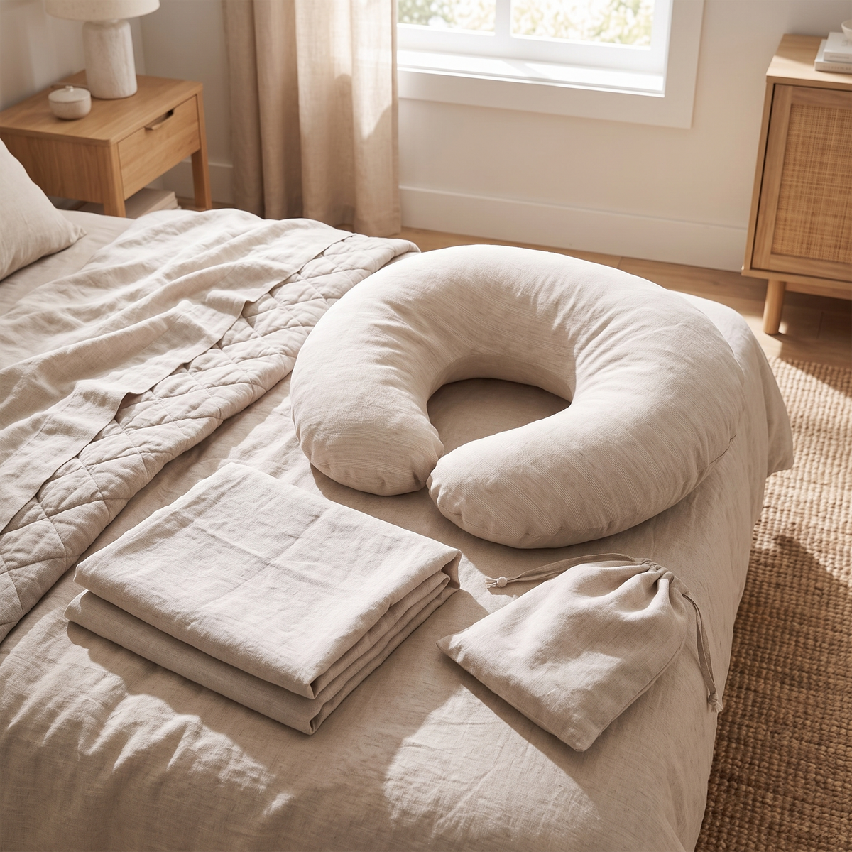 Little Teekie Linen Nursing Pillow | U-Shape with Cover & Carry Bag – Natural Stripe – styled in a living room