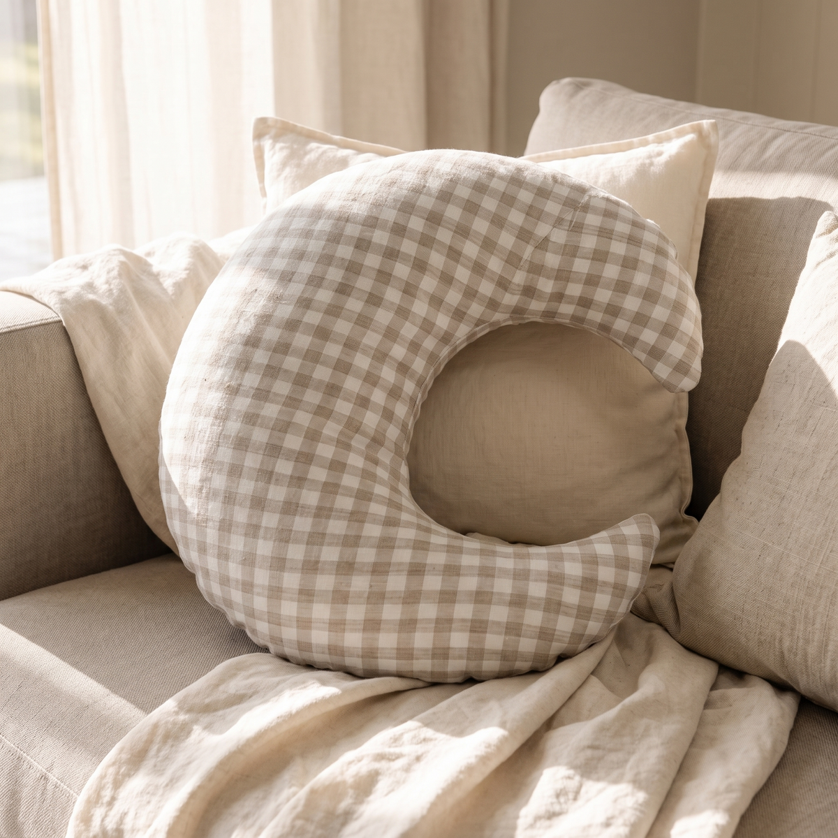 Little Teekie Moon Nursing Pillow | Linen Crescent Feeding Cushion 65x52cm – Gingham – lifestyle hero
