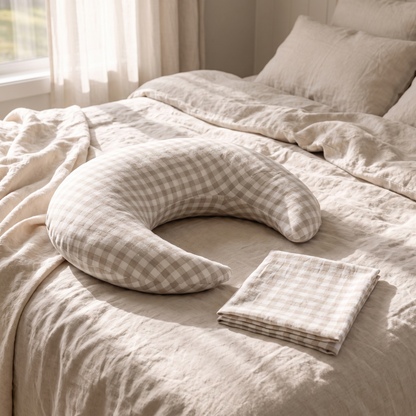 Little Teekie Moon Nursing Pillow | Linen Crescent Feeding Cushion 65x52cm – Gingham – styled in a nursery