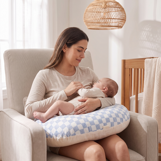 Little Teekie Printed Cotton Nursing Pillow | C-Shape Feeding Support – Waves – in use, shows scale