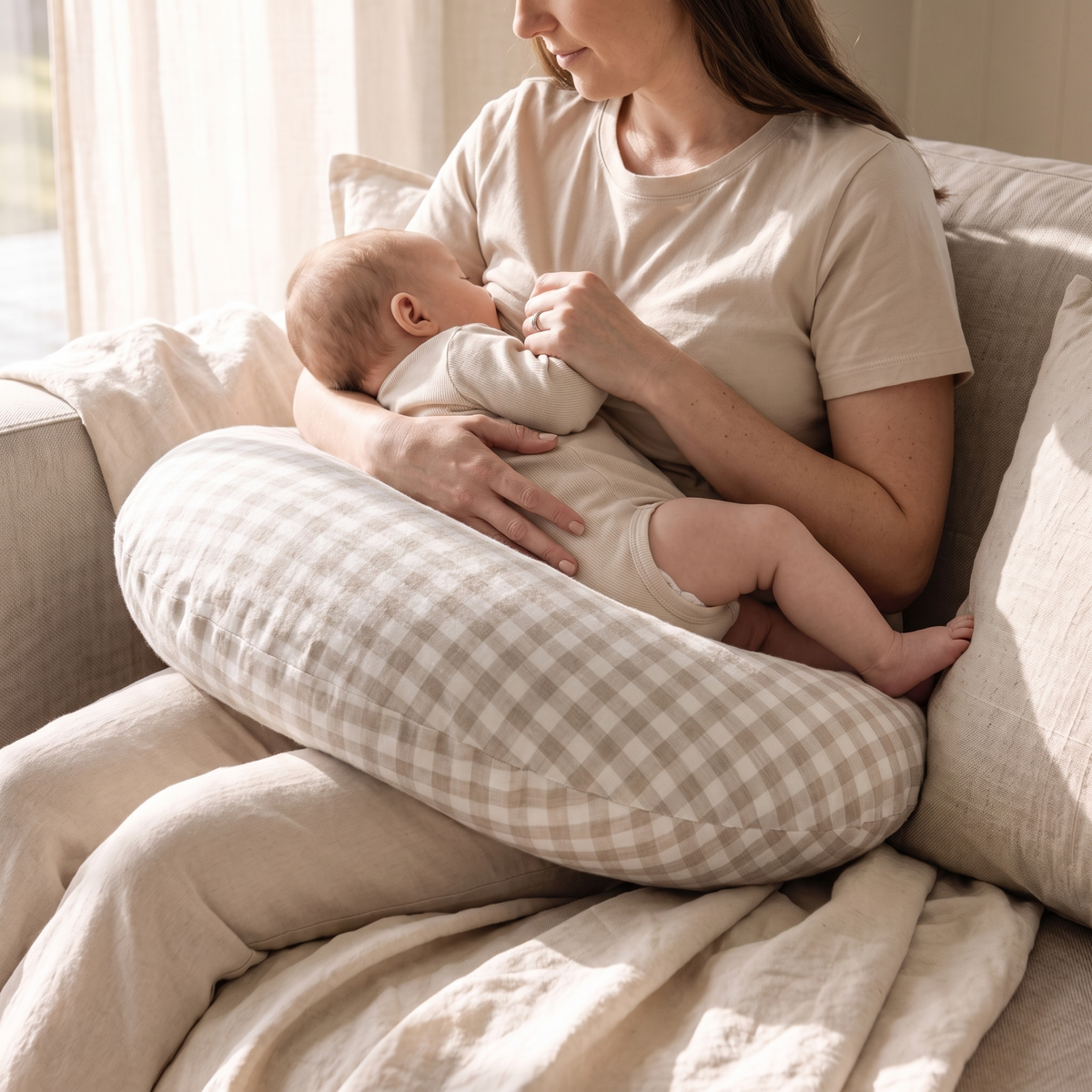 Little Teekie Moon Nursing Pillow | Linen Crescent Feeding Cushion 65x52cm – Gingham – in use, shows scale