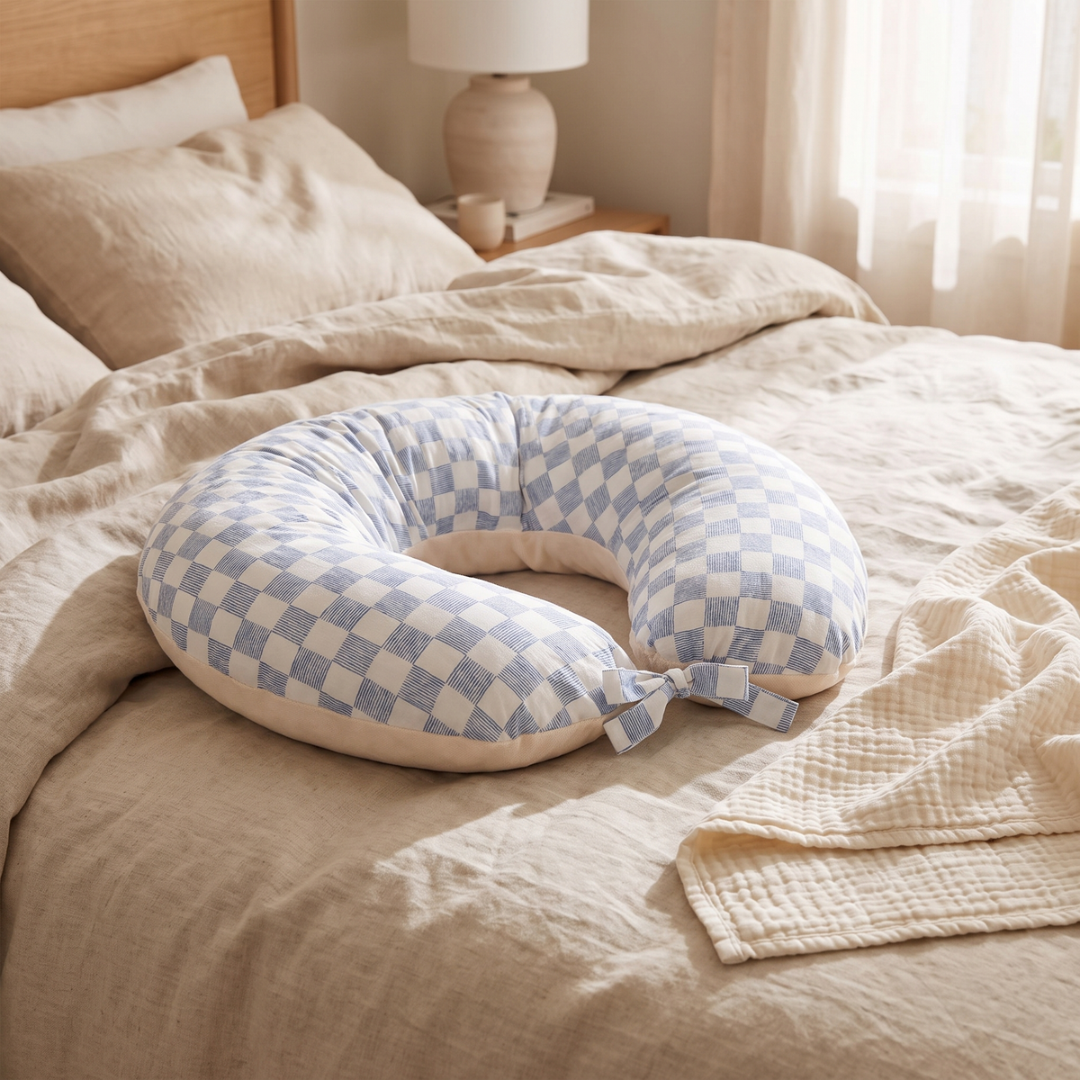 Little Teekie Printed Cotton Nursing Pillow | C-Shape Feeding Support – Waves – styled in a living room