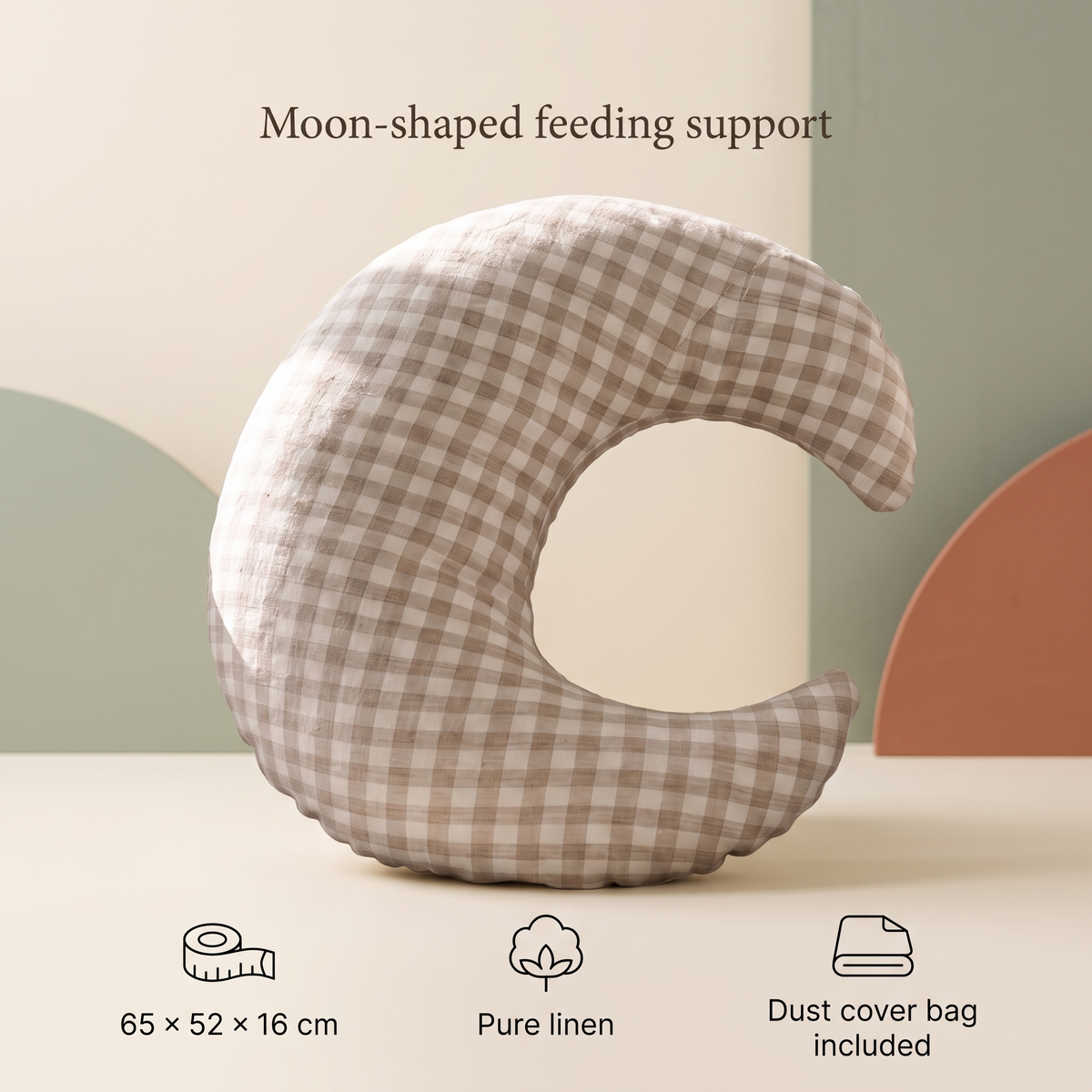 Little Teekie Moon Nursing Pillow | Linen Crescent Feeding Cushion 65x52cm – Gingham – key features