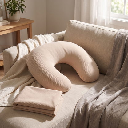 Little Teekie Compact Pregnancy Pillow | 2-in-1 Winged Support, 900g – Oat – styled in a bedroom