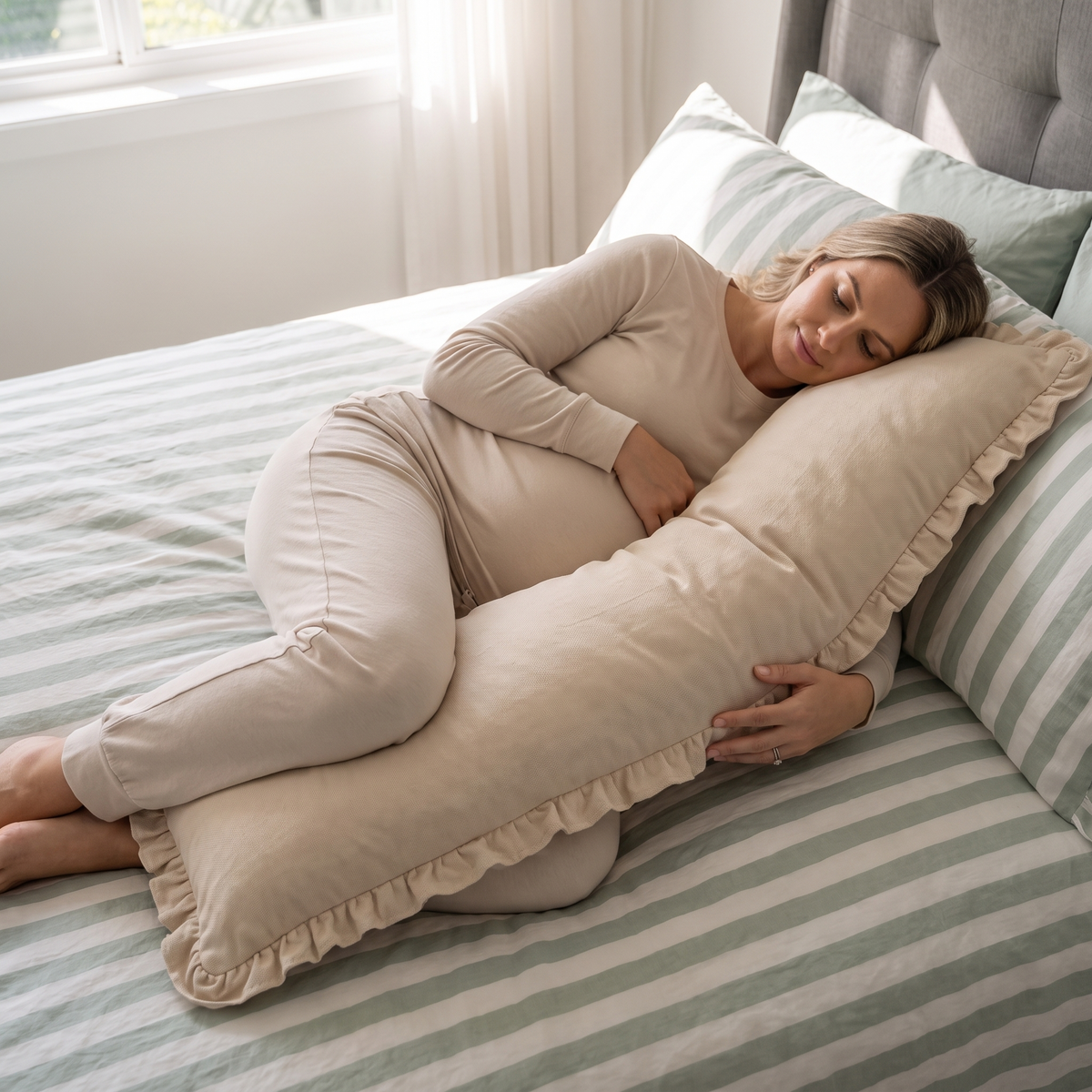 Little Teekie Organic Cotton Pregnancy Pillow | I-Shape Full-Length 110cm – Oat – in use, shows scale