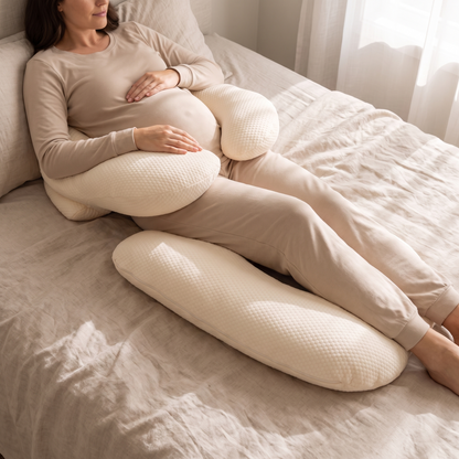 Little Teekie Pregnancy Pillow Bundle | Winged Maternity Pillow with Full-Body Attachment – Oat – in use, shows scale