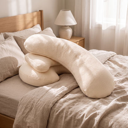 Little Teekie Pregnancy Pillow Bundle | Winged Maternity Pillow with Full-Body Attachment – Oat – styled in a bedroom