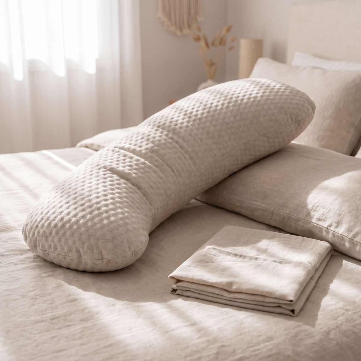 Little Teekie Linen Maternity Pillow | Large with Adjustable Fill & Washable Cover – Natural – styled in a bedroom