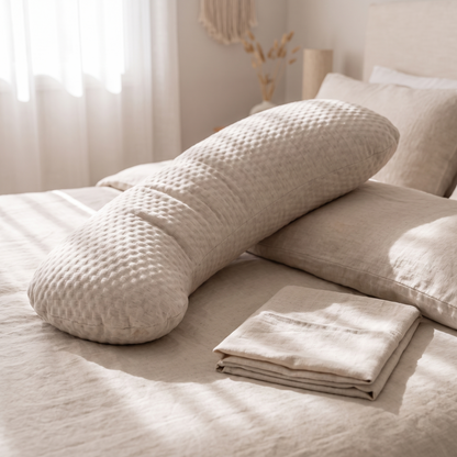 Little Teekie Linen Maternity Pillow | Large with Adjustable Fill & Washable Cover – Natural – styled in a bedroom