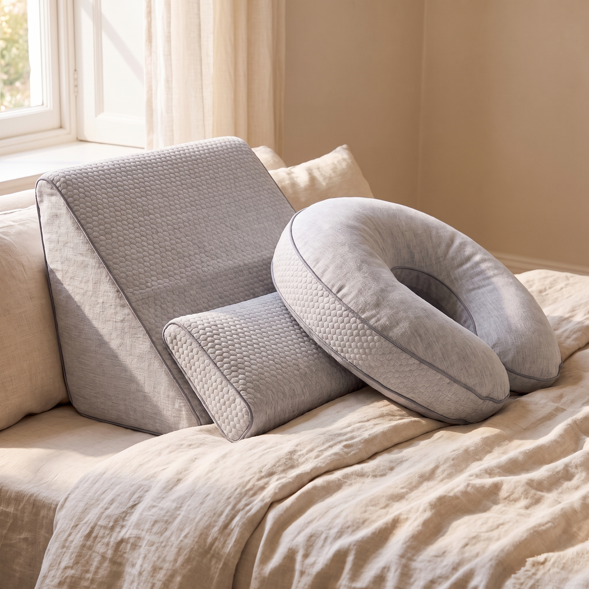 Little Teekie Adjustable Wedge Pregnancy Pillow | 3-Piece Set, Supportive Fill – Linen Look – styled in a bedroom